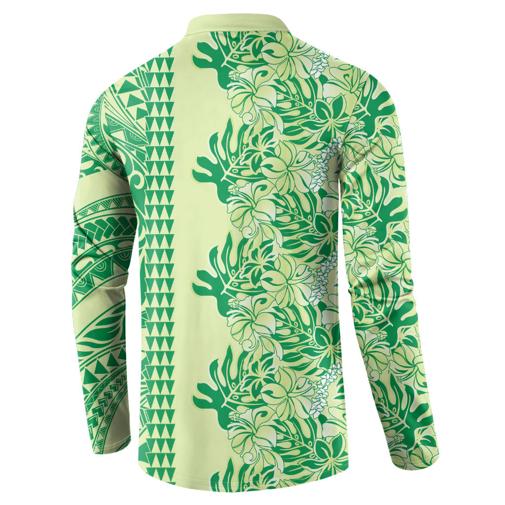 Lime Green Hibiscus Monstera Seamless Kakau Hawaii Button Sweatshirt