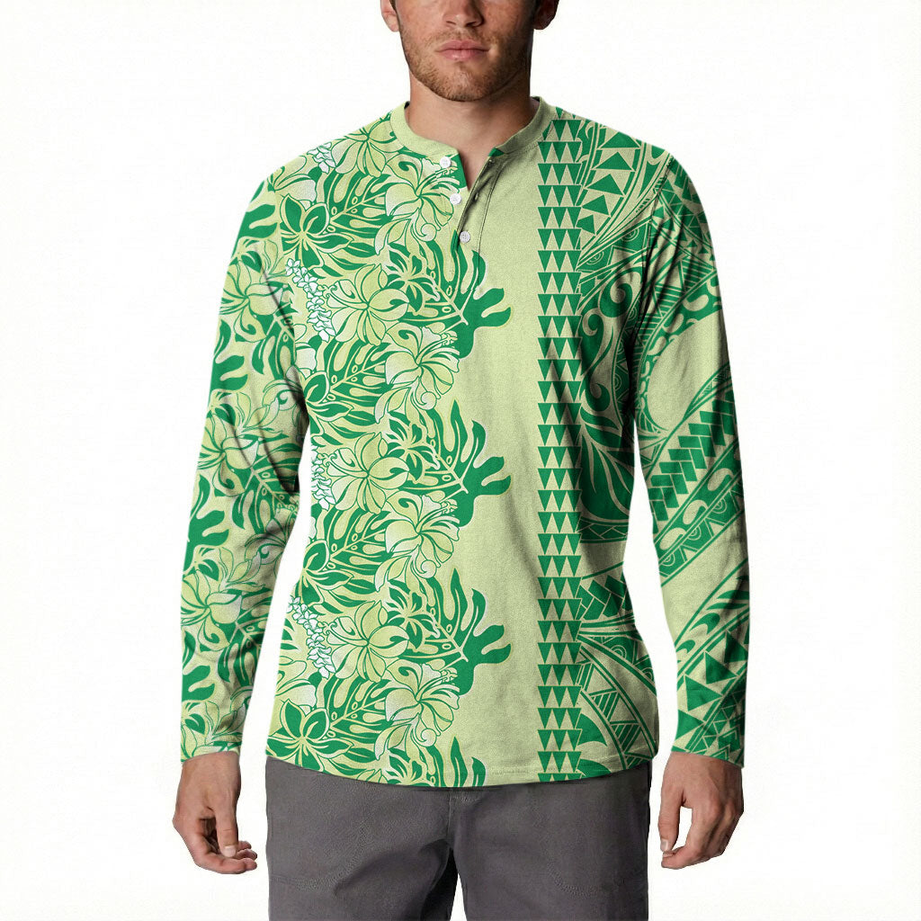 Lime Green Hibiscus Monstera Seamless Kakau Hawaii Button Sweatshirt