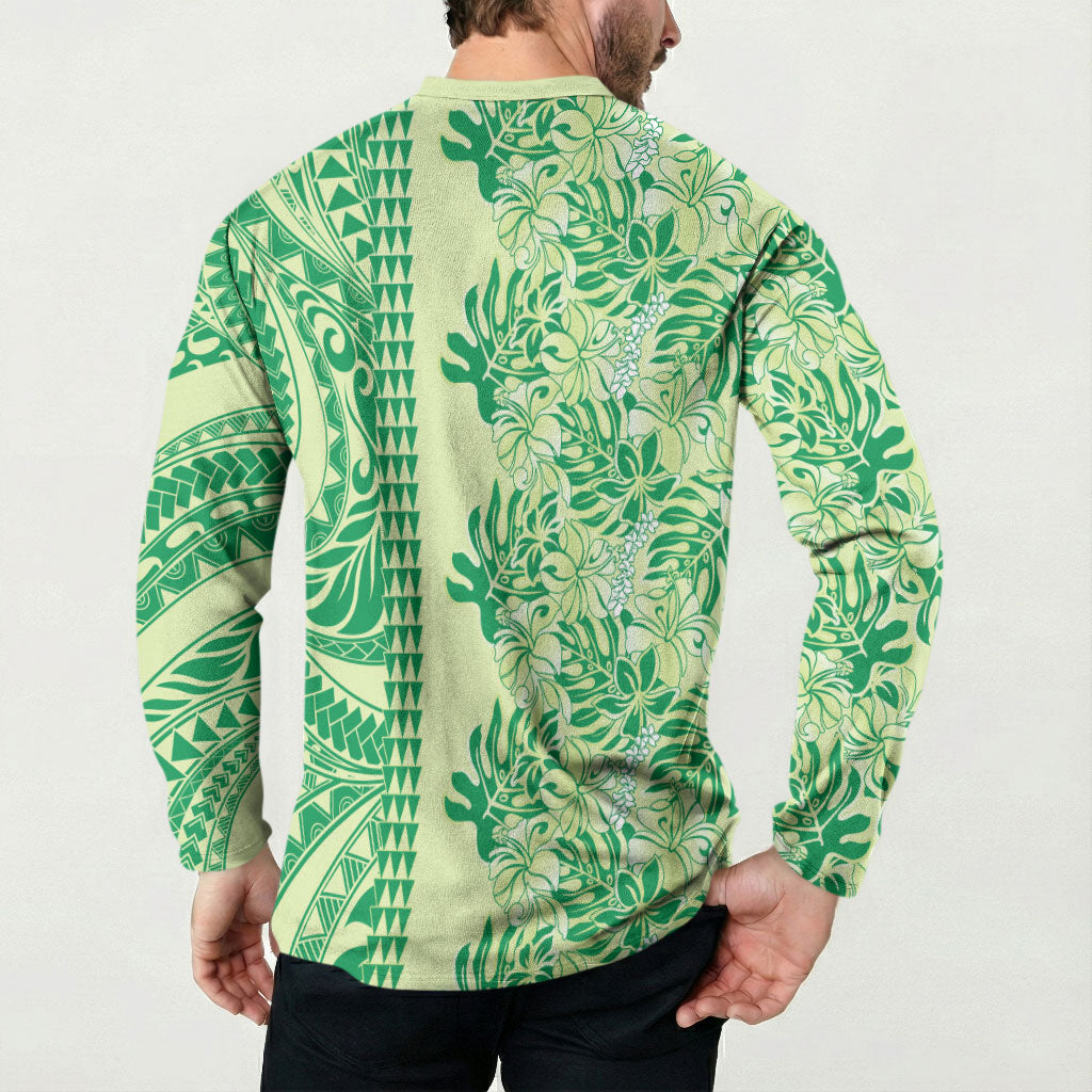 Lime Green Hibiscus Monstera Seamless Kakau Hawaii Button Sweatshirt