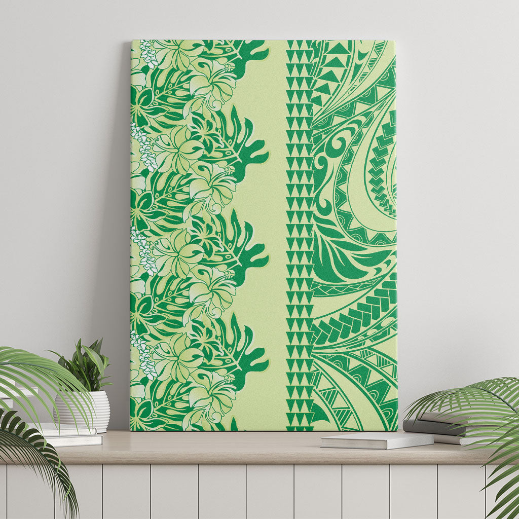 Lime Green Hibiscus Monstera Seamless Kakau Hawaii Canvas Wall Art