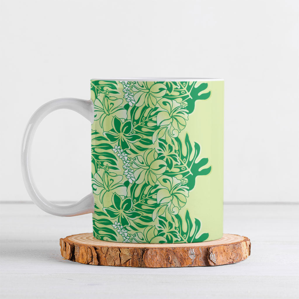 Lime Green Hibiscus Monstera Seamless Kakau Hawaii Ceramic Mug