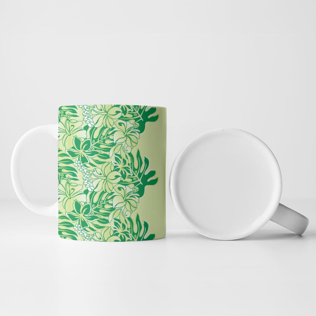 Lime Green Hibiscus Monstera Seamless Kakau Hawaii Ceramic Mug