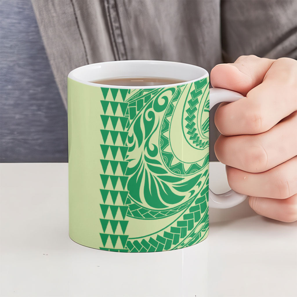 Lime Green Hibiscus Monstera Seamless Kakau Hawaii Ceramic Mug