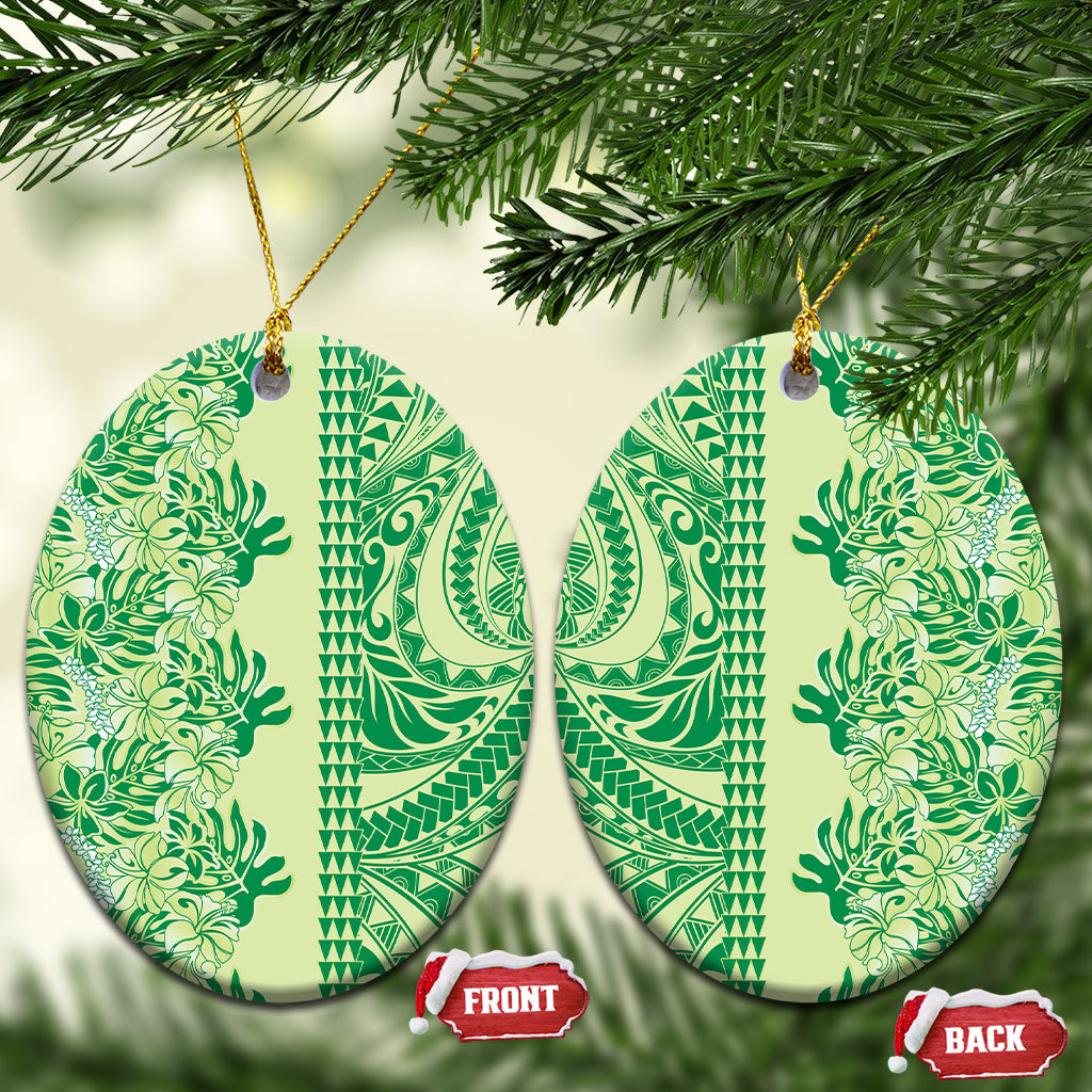 Lime Green Hibiscus Monstera Seamless Kakau Hawaii Ceramic Ornament