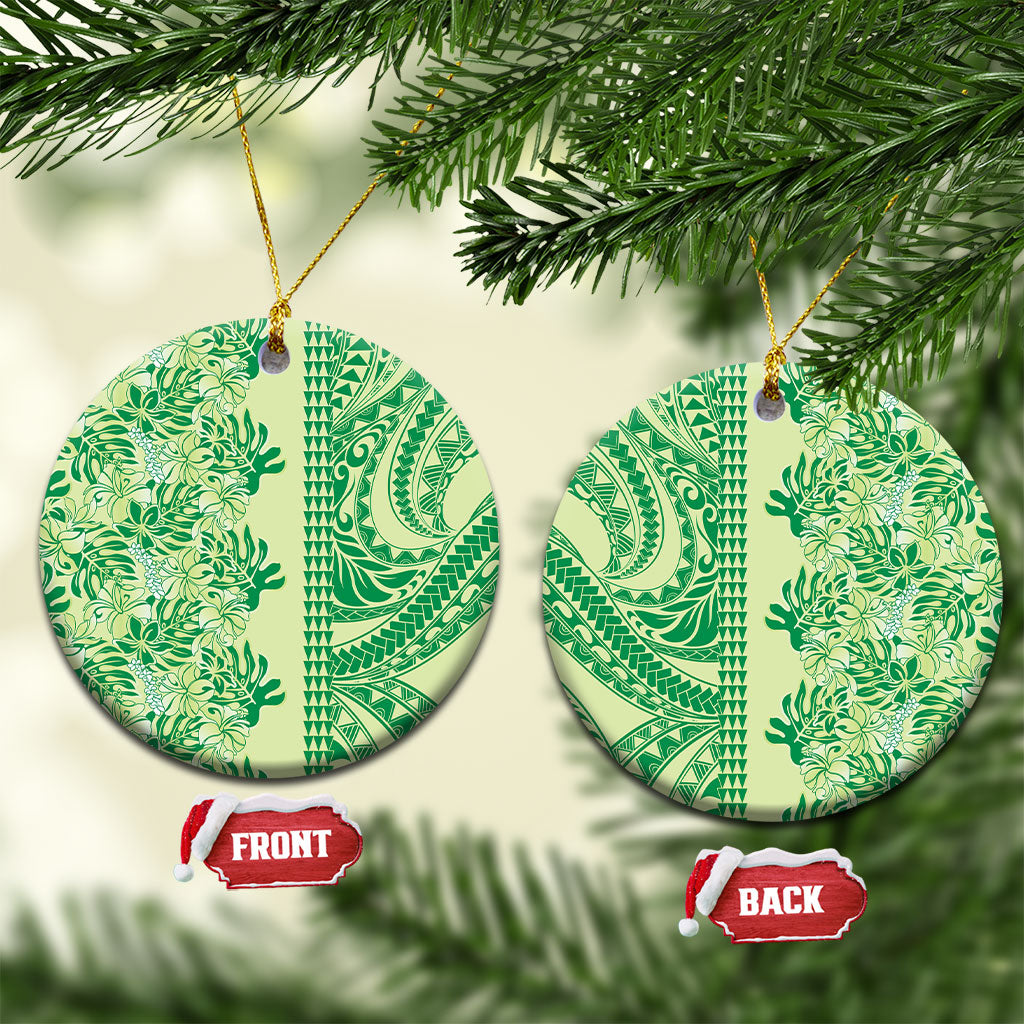 Lime Green Hibiscus Monstera Seamless Kakau Hawaii Ceramic Ornament