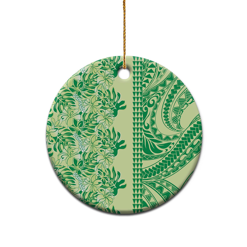 Lime Green Hibiscus Monstera Seamless Kakau Hawaii Ceramic Ornament