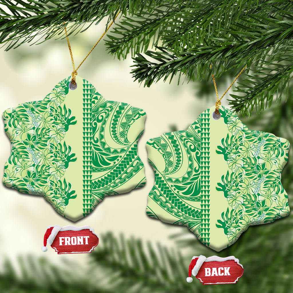 Lime Green Hibiscus Monstera Seamless Kakau Hawaii Ceramic Ornament