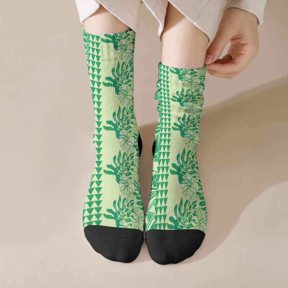 Lime Green Hibiscus Monstera Seamless Kakau Hawaii Crew Socks LT14 Crew Socks Lime Green - Polynesian Pride