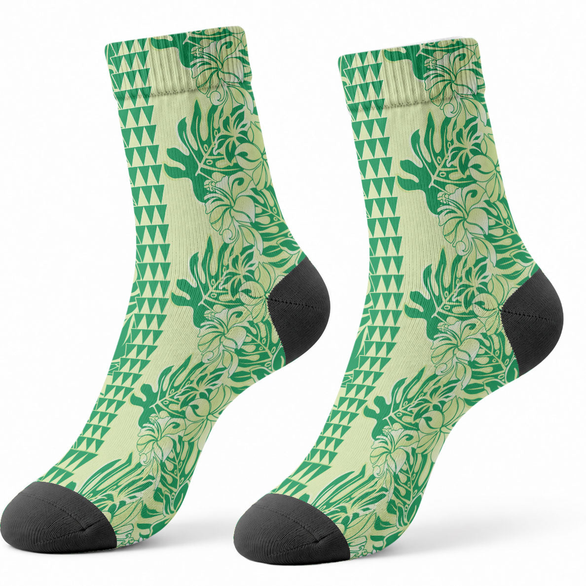 Lime Green Hibiscus Monstera Seamless Kakau Hawaii Crew Socks LT14 - Polynesian Pride