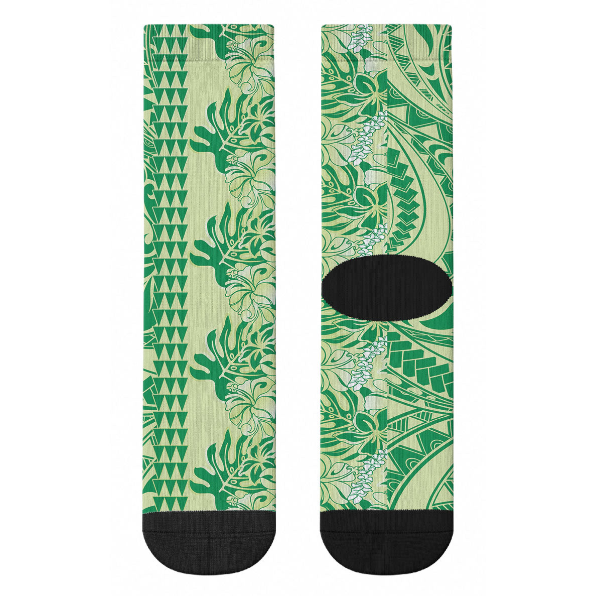 Lime Green Hibiscus Monstera Seamless Kakau Hawaii Crew Socks LT14 - Polynesian Pride