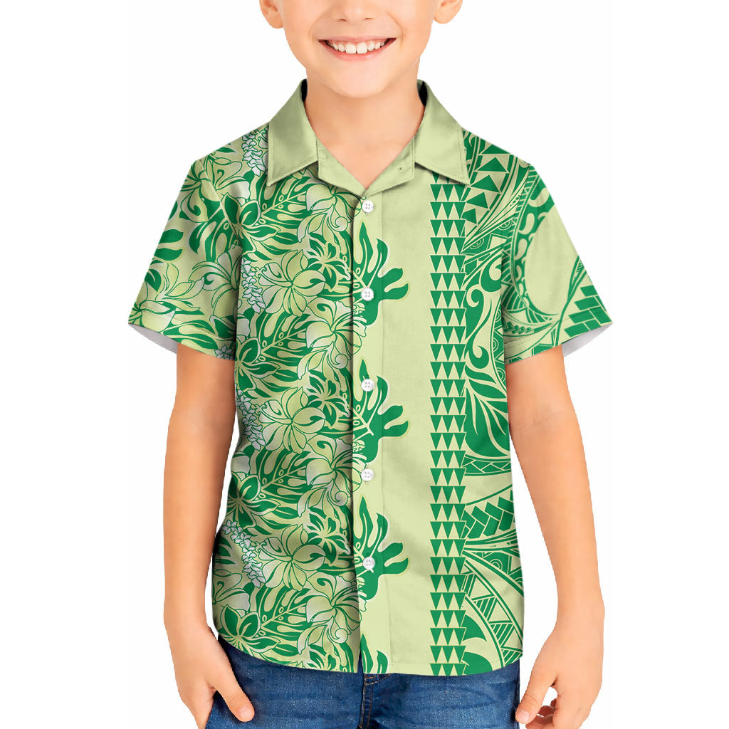 Lime Green Hibiscus Monstera Seamless Kakau Hawaii Kid Hawaiian Shirt LT14 Kid Lime Green - Polynesian Pride