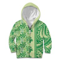 Lime Green Hibiscus Monstera Seamless Kakau Hawaii Kid Hoodie LT14 Zip Hoodie Lime Green - Polynesian Pride
