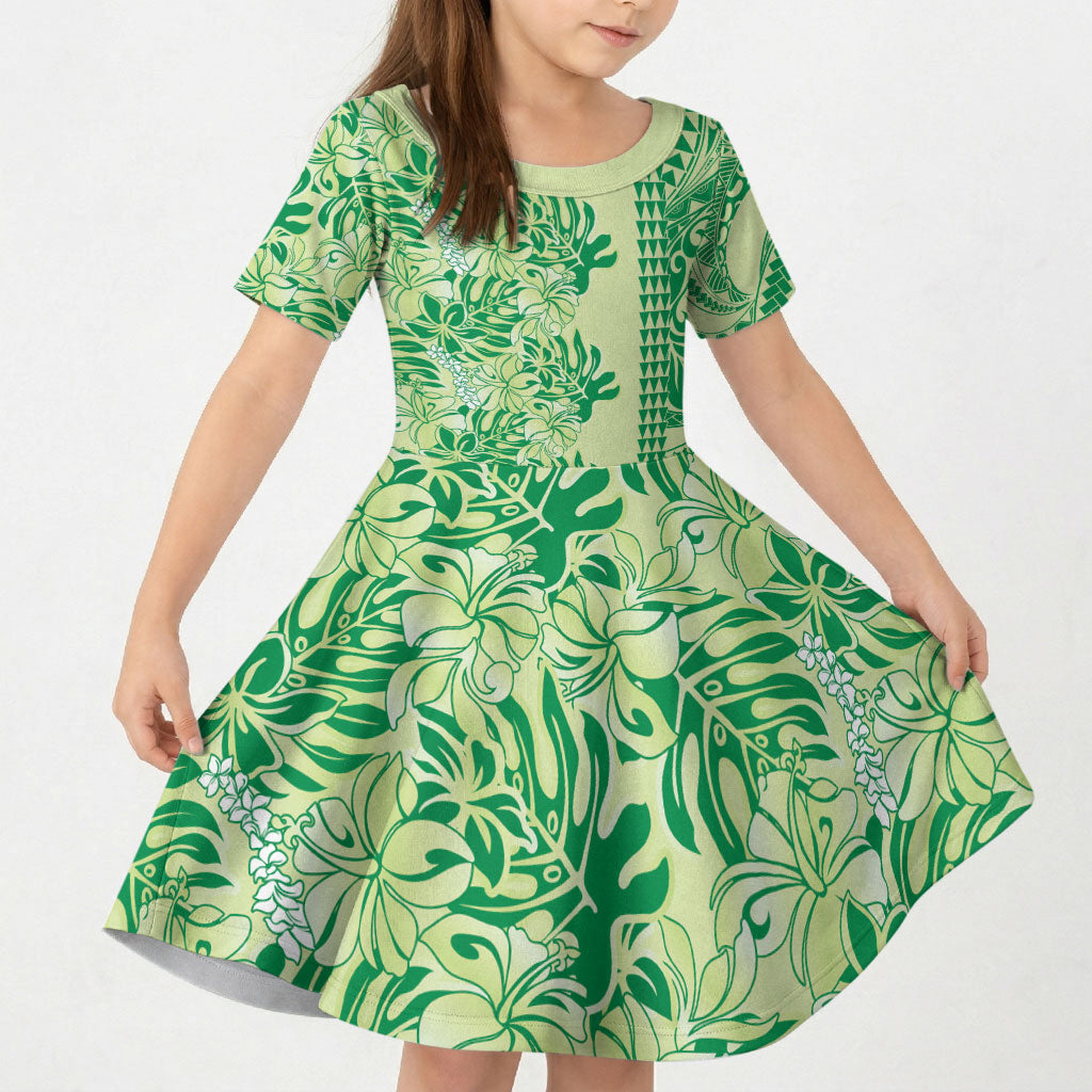 Lime Green Hibiscus Monstera Seamless Kakau Hawaii Kid Short Sleeve Dress LT14 KID Lime Green - Polynesian Pride
