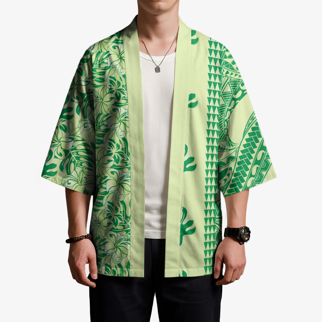 Lime Green Hibiscus Monstera Seamless Kakau Hawaii Kimono