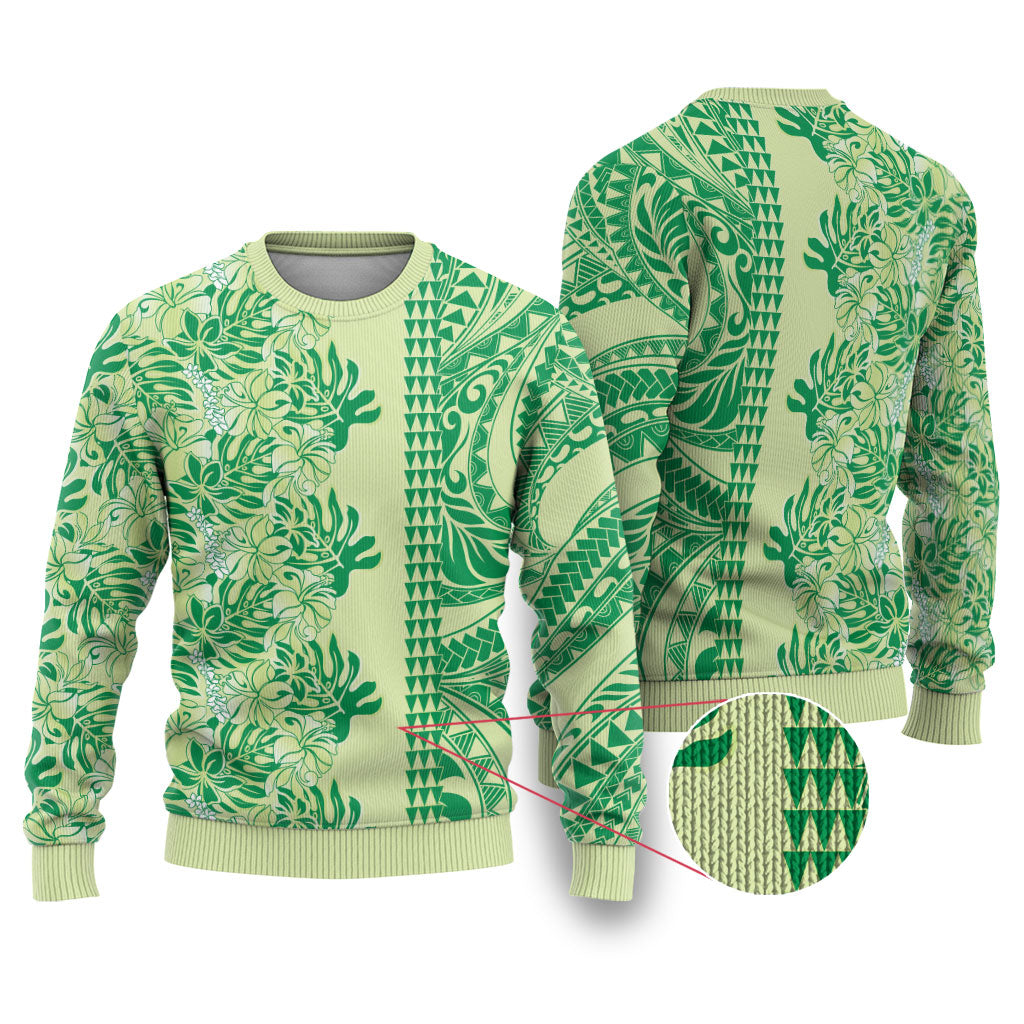 Lime Green Hibiscus Monstera Seamless Kakau Hawaii Ugly Christmas Sweater LT14 Lime Green - Polynesian Pride