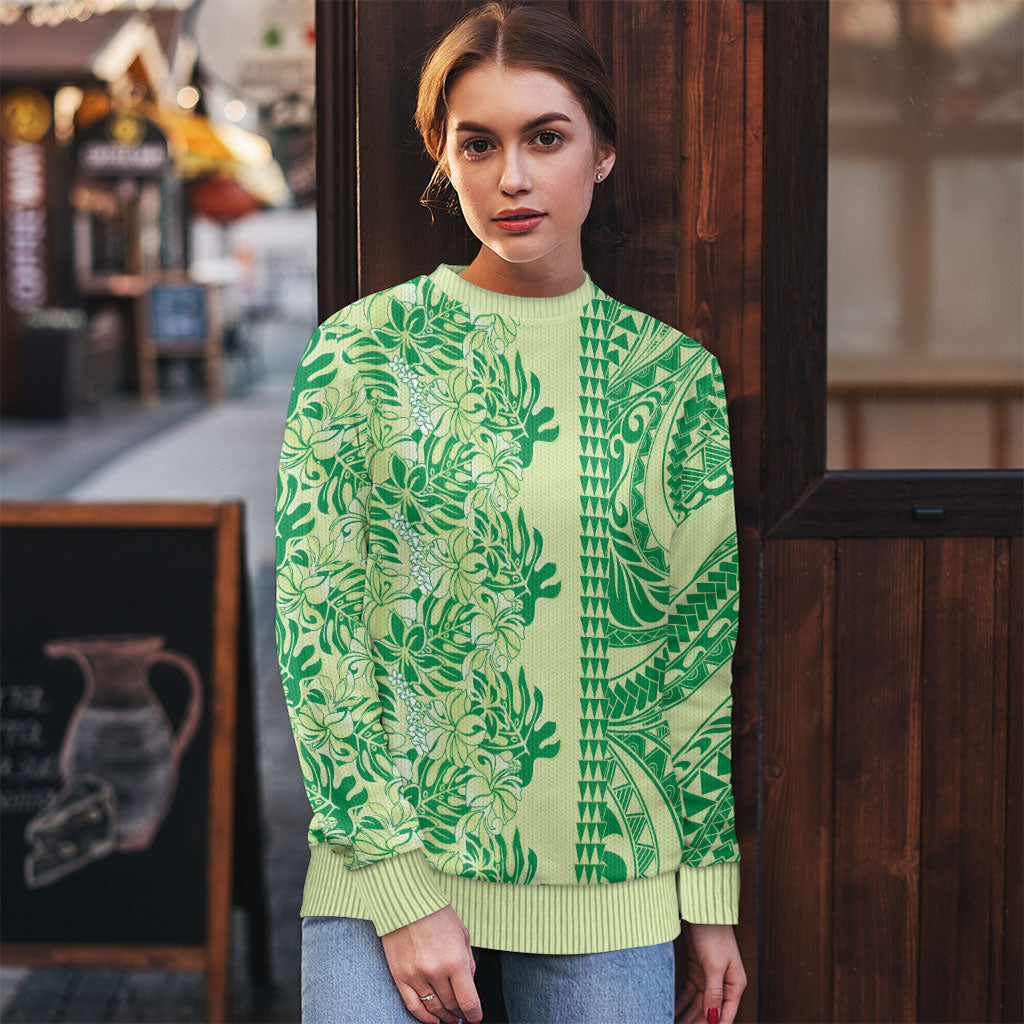 Lime Green Hibiscus Monstera Seamless Kakau Hawaii Ugly Christmas Sweater LT14 - Polynesian Pride