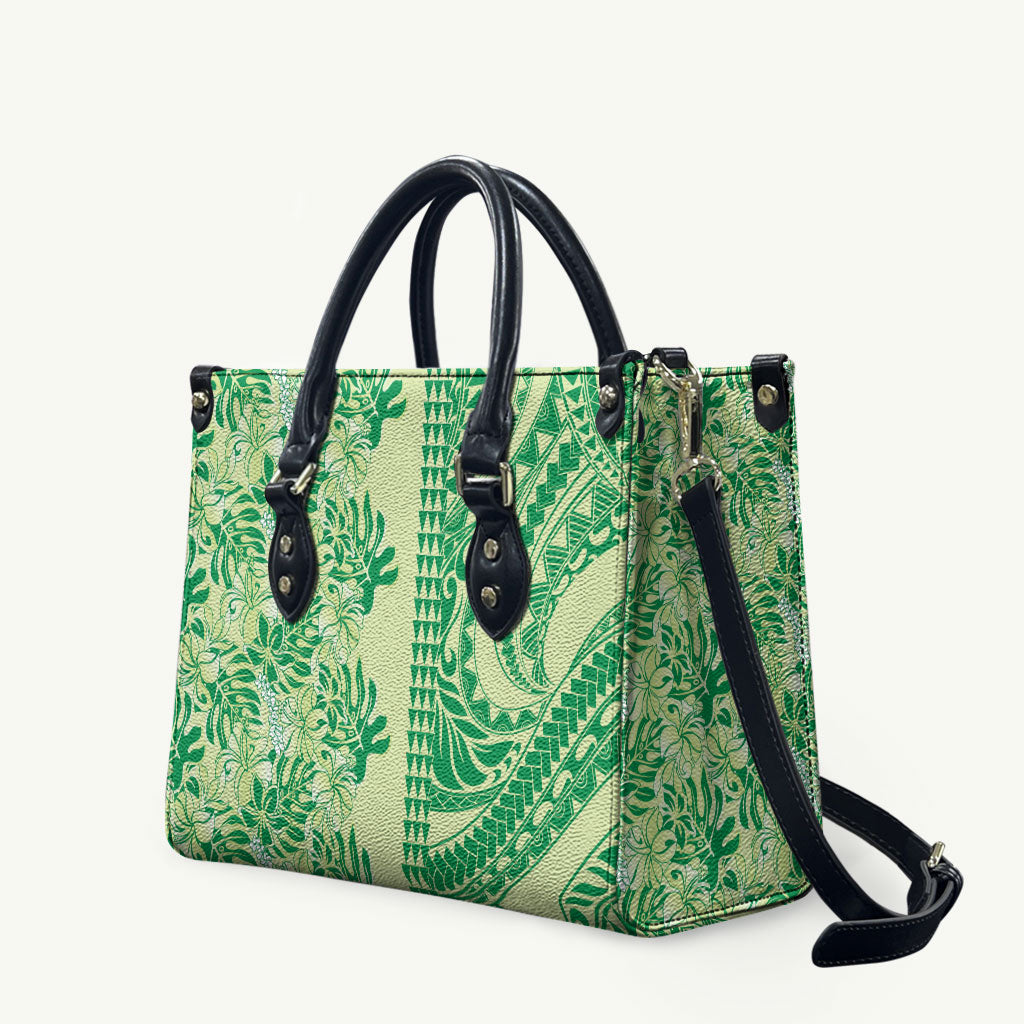 Lime Green Hibiscus Monstera Seamless Kakau Hawaii Leather Bag