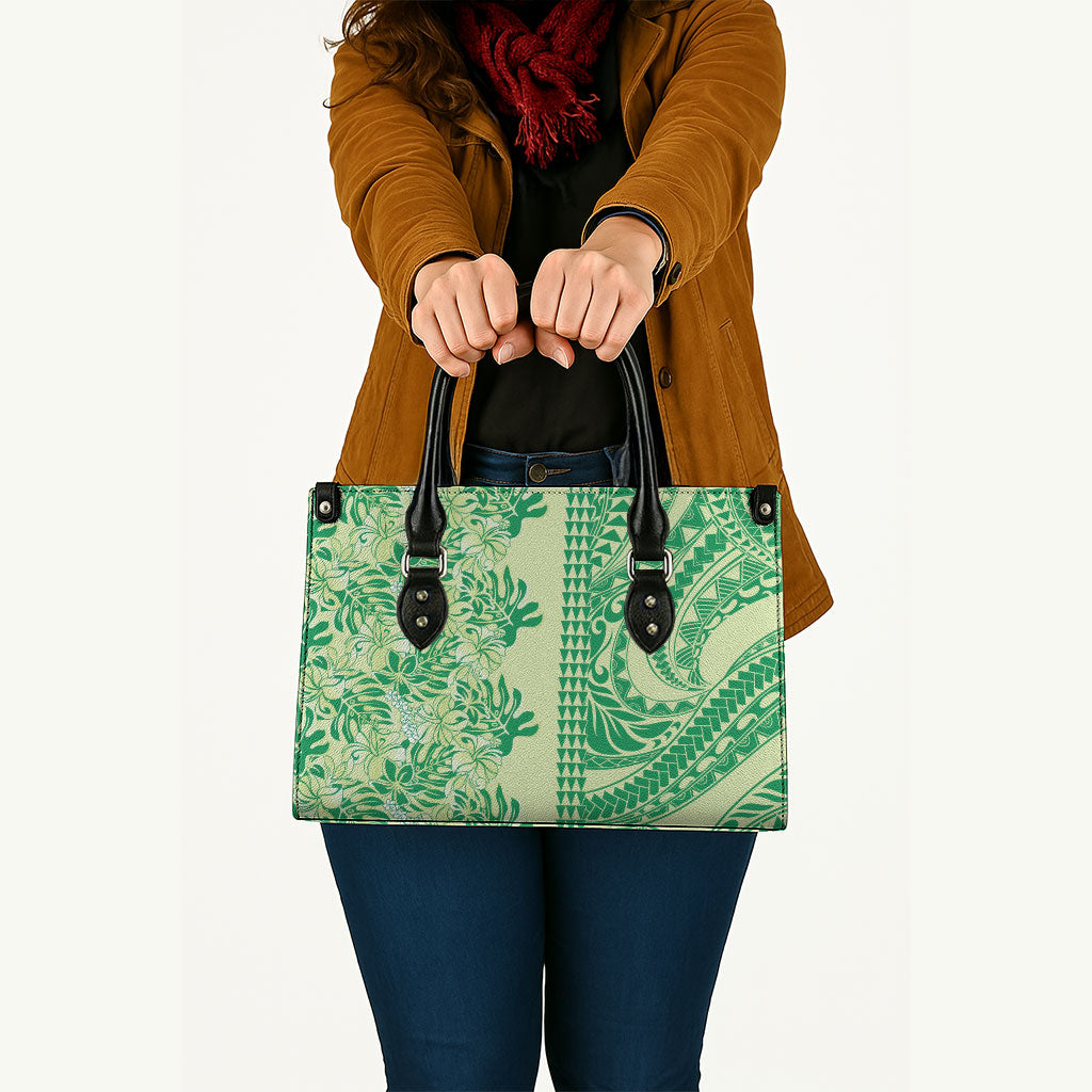 Lime Green Hibiscus Monstera Seamless Kakau Hawaii Leather Bag