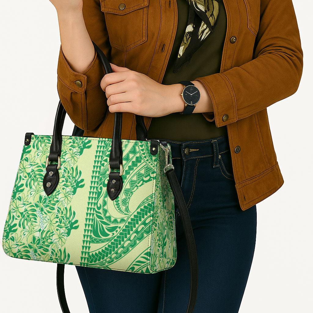 Lime Green Hibiscus Monstera Seamless Kakau Hawaii Leather Bag