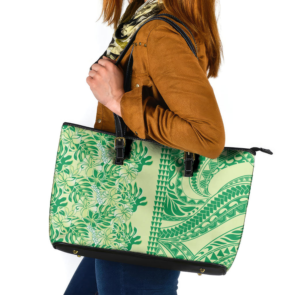 Lime Green Hibiscus Monstera Seamless Kakau Hawaii Leather Tote Bag LT14 Lime Green - Polynesian Pride