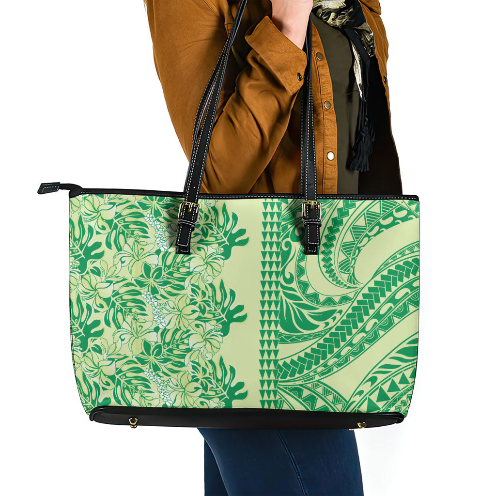 Lime Green Hibiscus Monstera Seamless Kakau Hawaii Leather Tote Bag LT14 - Polynesian Pride