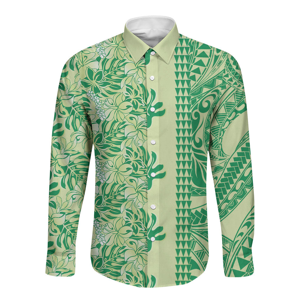 Lime Green Hibiscus Monstera Seamless Kakau Hawaii Long Sleeve Button Shirt