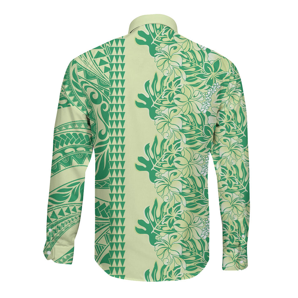 Lime Green Hibiscus Monstera Seamless Kakau Hawaii Long Sleeve Button Shirt