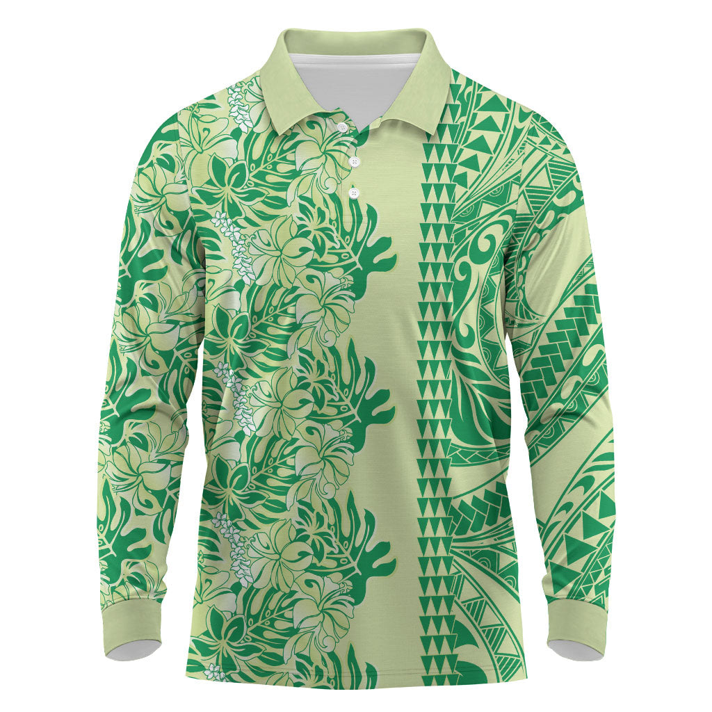 Lime Green Hibiscus Monstera Seamless Kakau Hawaii Long Sleeve Polo Shirt LT14 Lime Green - Polynesian Pride