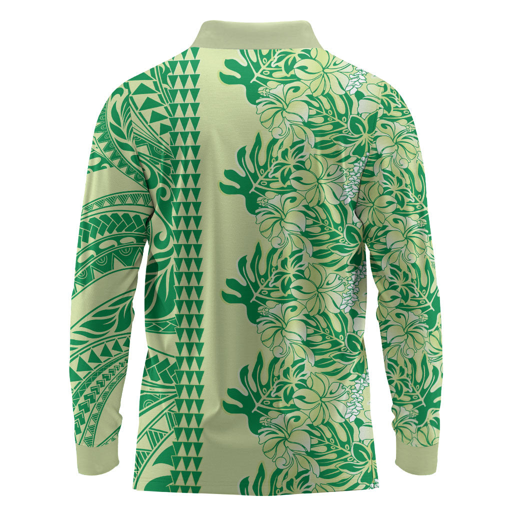 Lime Green Hibiscus Monstera Seamless Kakau Hawaii Long Sleeve Polo Shirt LT14 - Polynesian Pride
