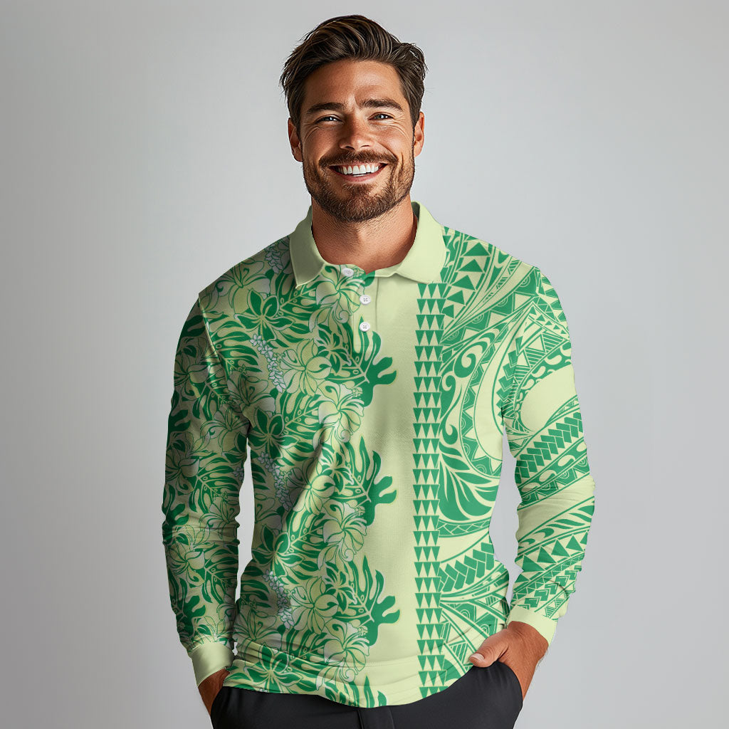 Lime Green Hibiscus Monstera Seamless Kakau Hawaii Long Sleeve Polo Shirt LT14 - Polynesian Pride