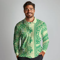 Lime Green Hibiscus Monstera Seamless Kakau Hawaii Long Sleeve Polo Shirt LT14 - Polynesian Pride