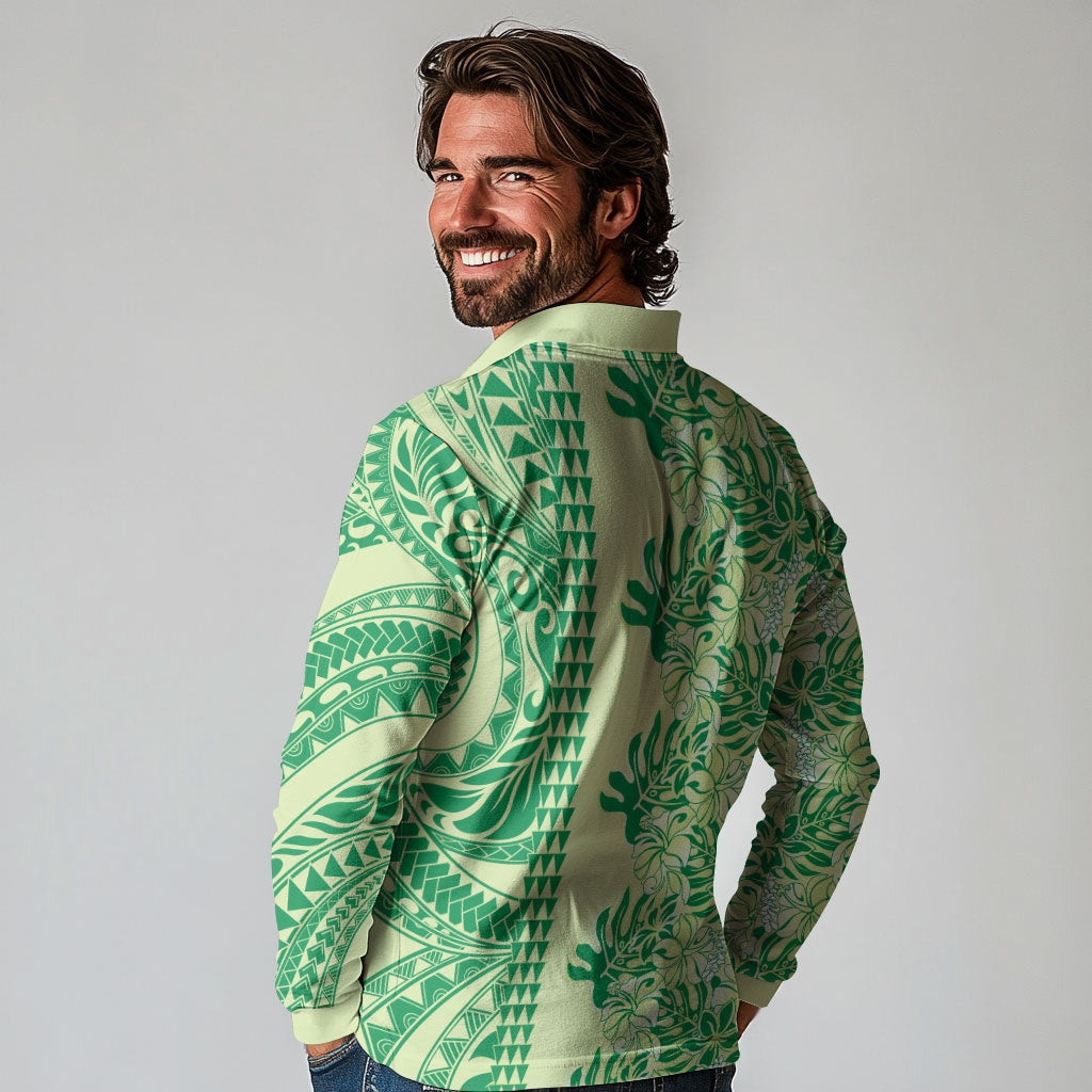 Lime Green Hibiscus Monstera Seamless Kakau Hawaii Long Sleeve Polo Shirt LT14 - Polynesian Pride