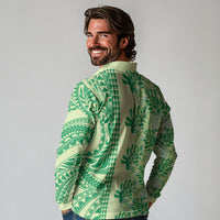 Lime Green Hibiscus Monstera Seamless Kakau Hawaii Long Sleeve Polo Shirt LT14 - Polynesian Pride
