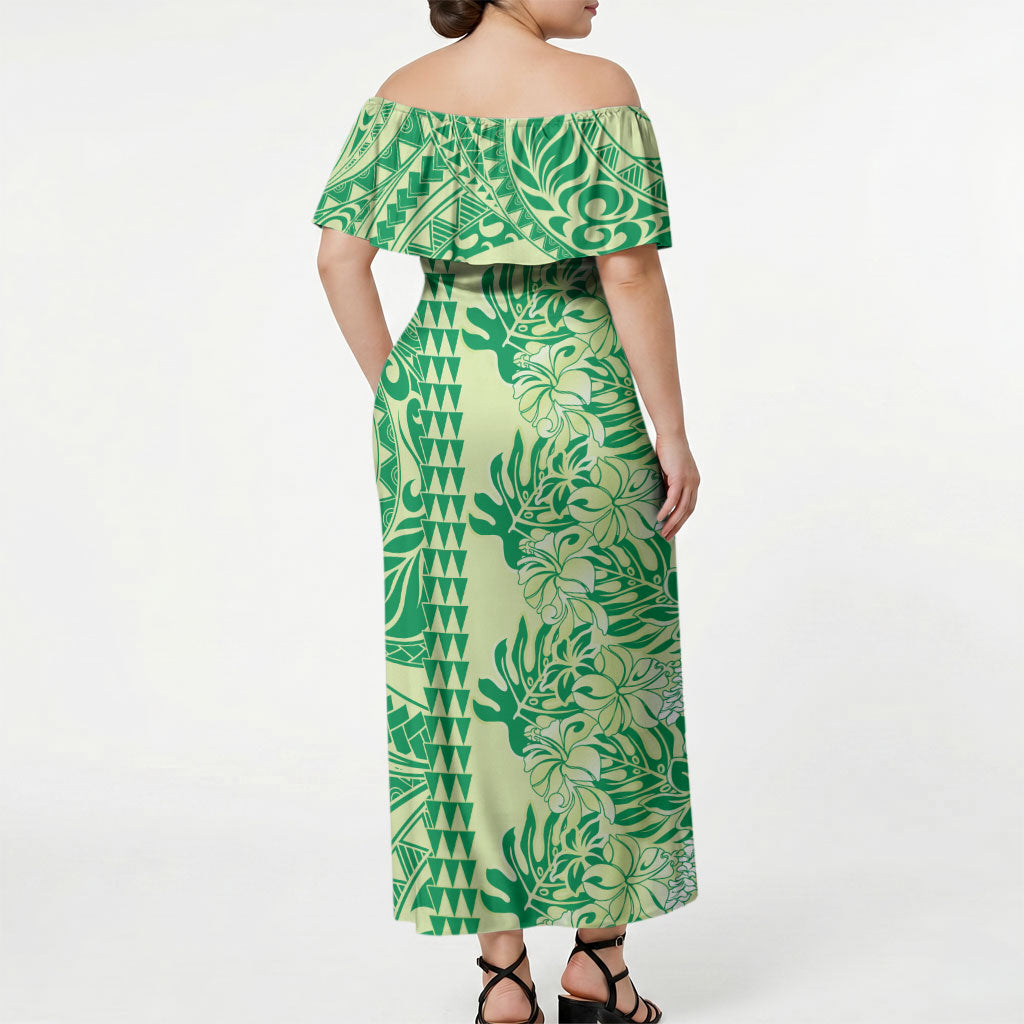 Lime Green Hibiscus Monstera Seamless Kakau Hawaii Off Shoulder Maxi Dress LT14 - Polynesian Pride