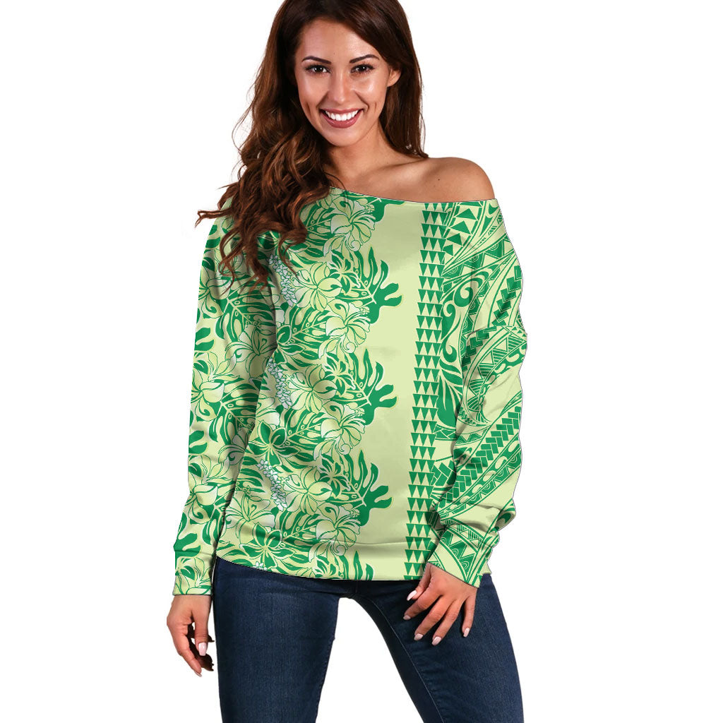 Lime Green Hibiscus Monstera Seamless Kakau Hawaii Off Shoulder Sweater