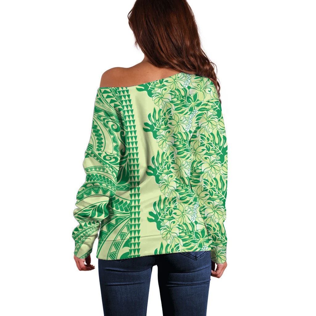Lime Green Hibiscus Monstera Seamless Kakau Hawaii Off Shoulder Sweater