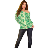 Lime Green Hibiscus Monstera Seamless Kakau Hawaii Off Shoulder Sweater