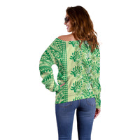Lime Green Hibiscus Monstera Seamless Kakau Hawaii Off Shoulder Sweater