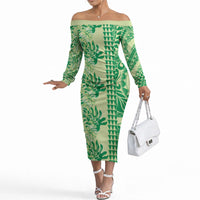 Lime Green Hibiscus Monstera Seamless Kakau Hawaii Off The Shoulder Long Sleeve Dress LT14 Women Lime Green - Polynesian Pride