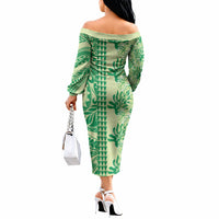 Lime Green Hibiscus Monstera Seamless Kakau Hawaii Off The Shoulder Long Sleeve Dress LT14 - Polynesian Pride