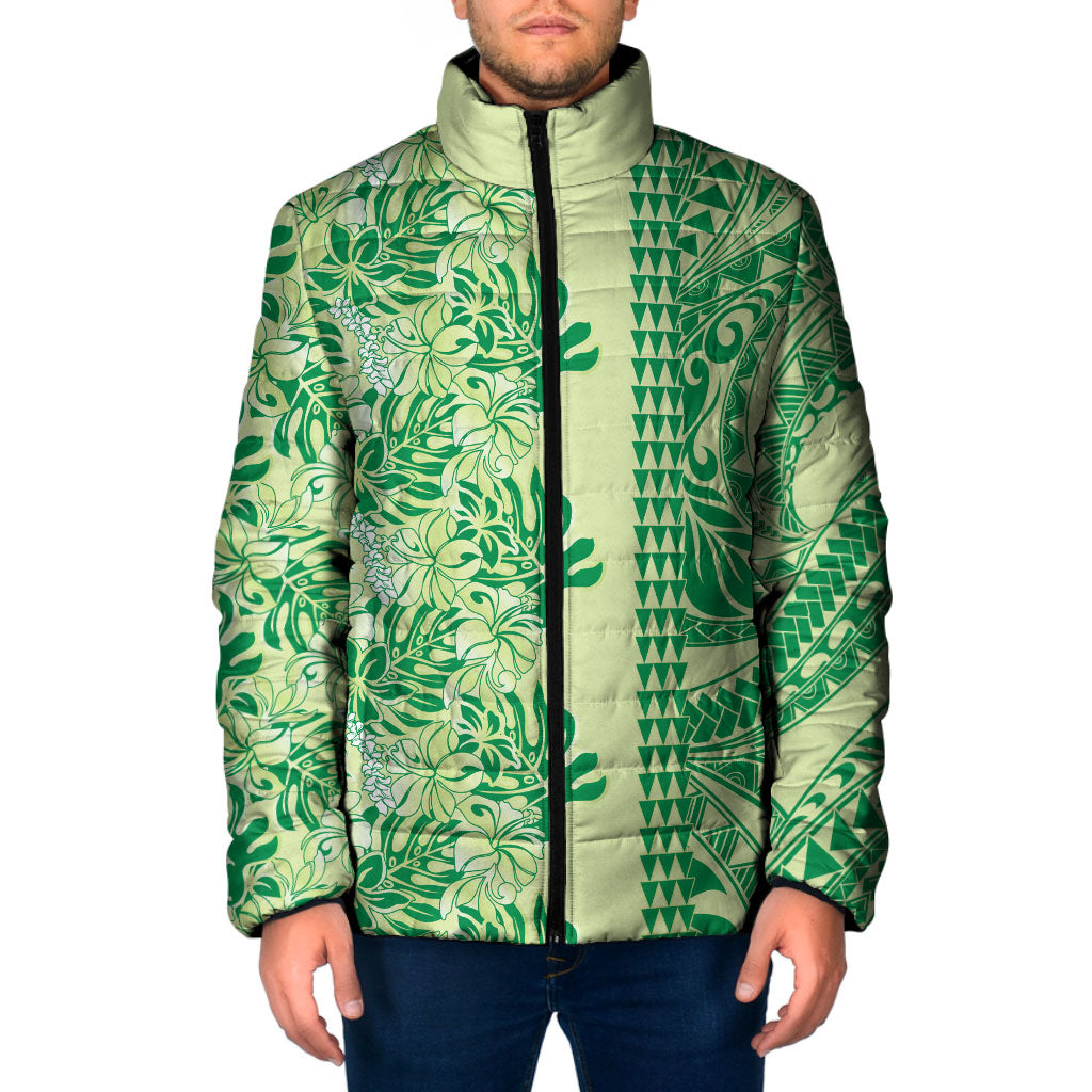 Lime Green Hibiscus Monstera Seamless Kakau Hawaii Padded Jacket