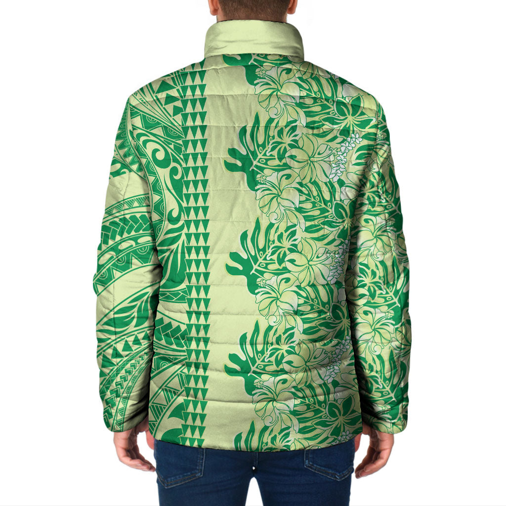 Lime Green Hibiscus Monstera Seamless Kakau Hawaii Padded Jacket
