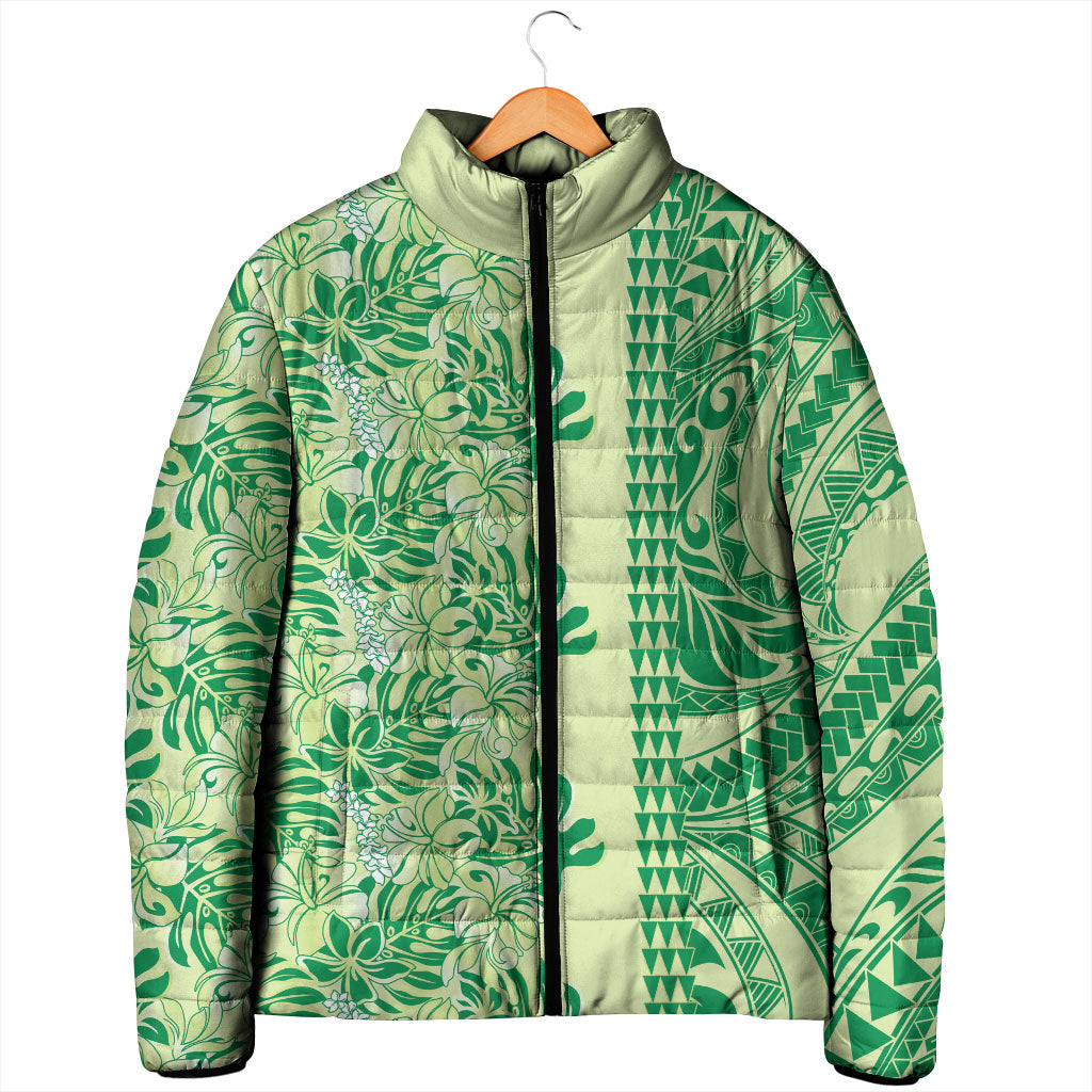 Lime Green Hibiscus Monstera Seamless Kakau Hawaii Padded Jacket