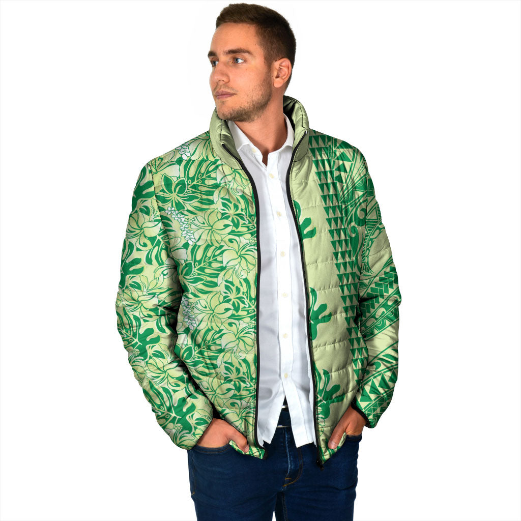 Lime Green Hibiscus Monstera Seamless Kakau Hawaii Padded Jacket