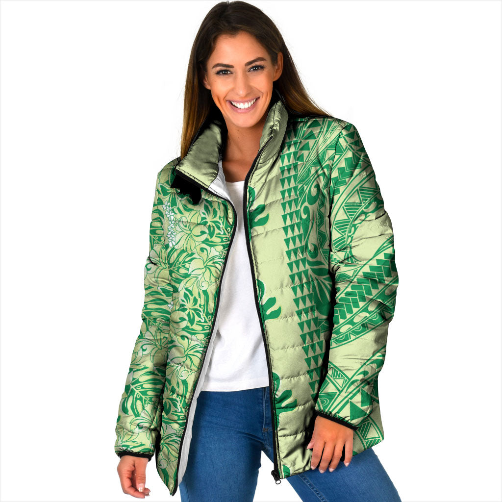 Lime Green Hibiscus Monstera Seamless Kakau Hawaii Padded Jacket