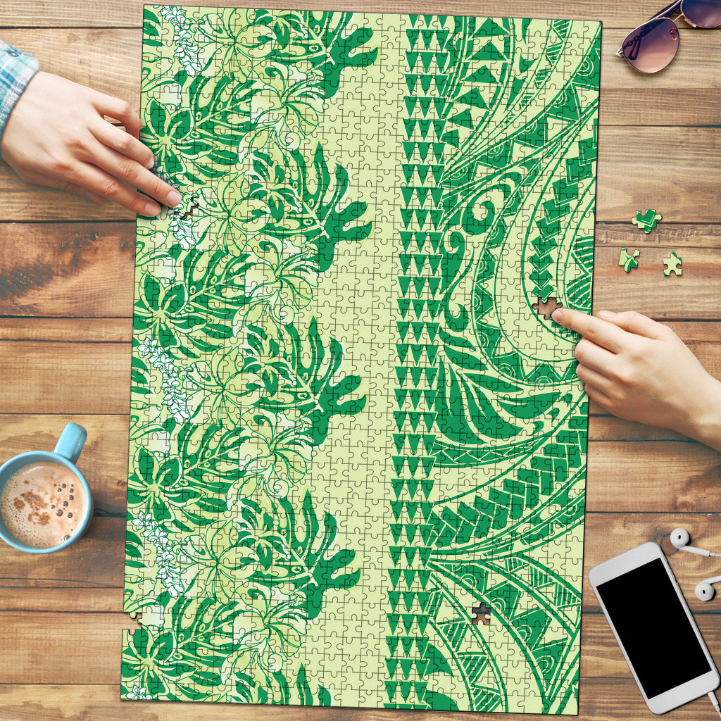 Lime Green Hibiscus Monstera Seamless Kakau Hawaii Puzzle