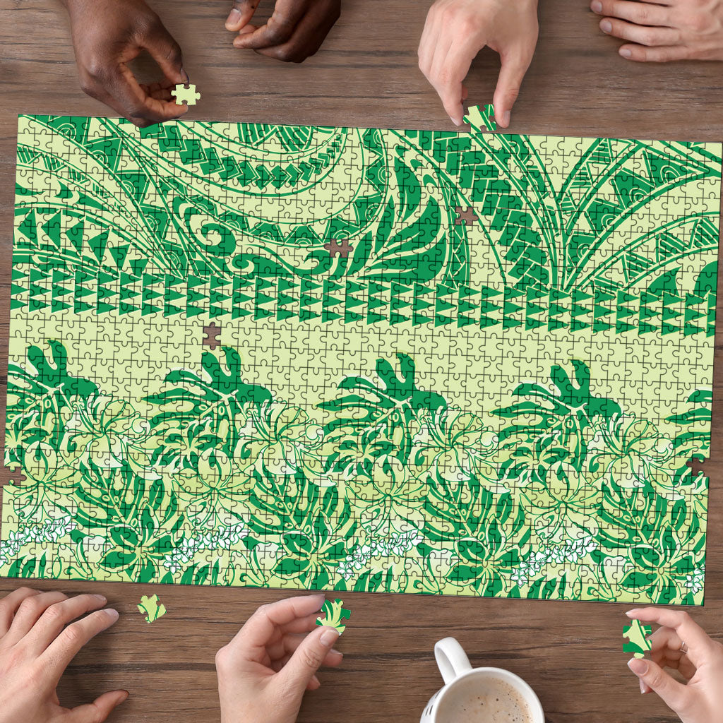 Lime Green Hibiscus Monstera Seamless Kakau Hawaii Puzzle