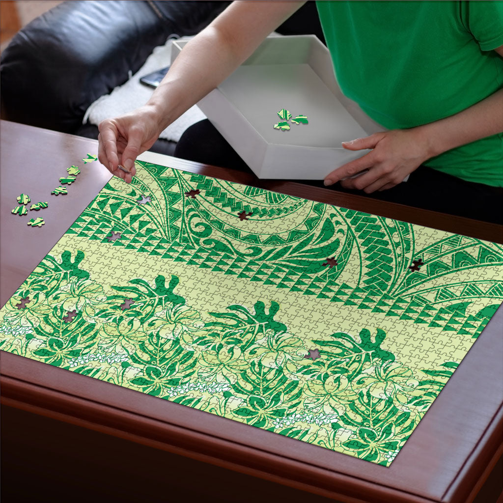 Lime Green Hibiscus Monstera Seamless Kakau Hawaii Puzzle