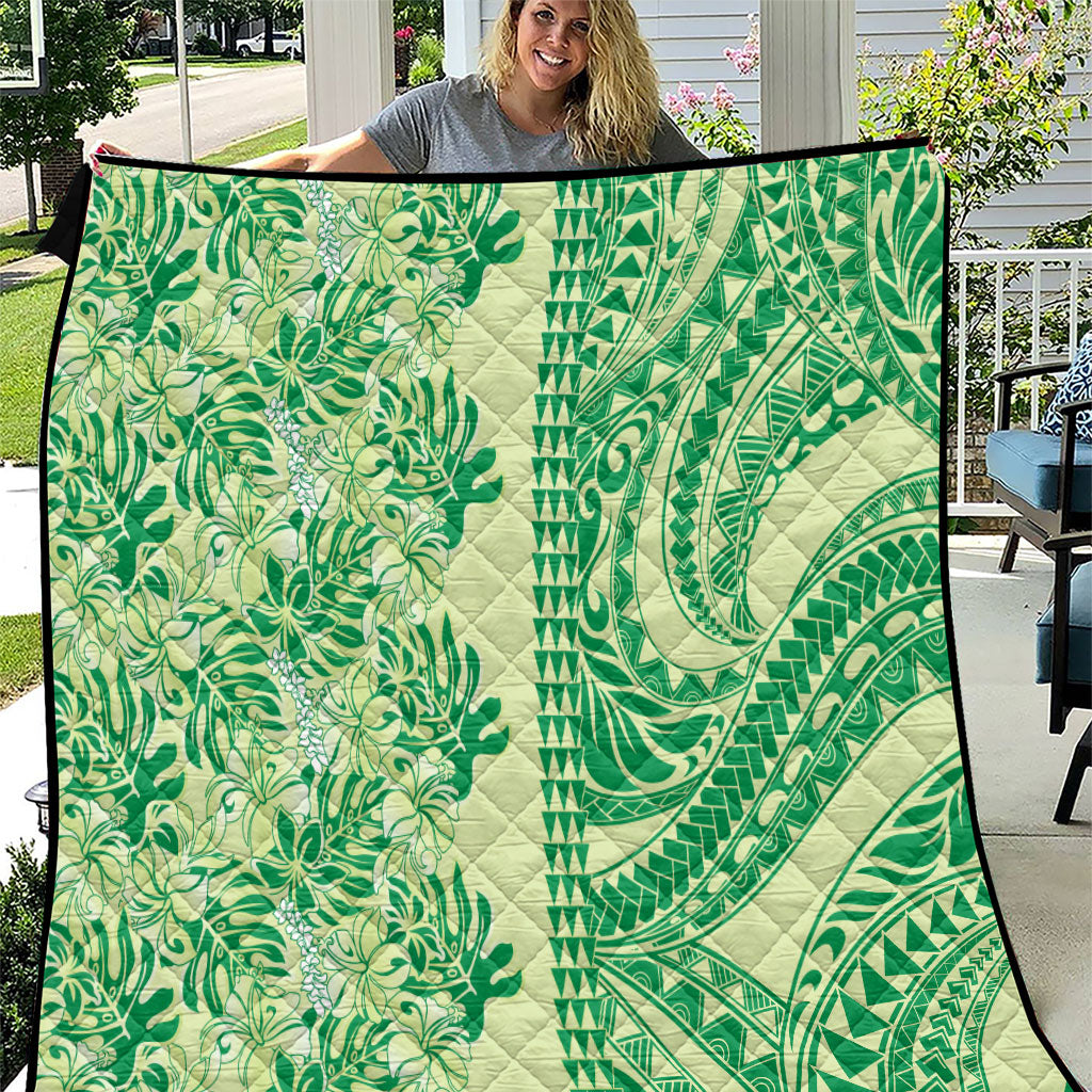 Lime Green Hibiscus Monstera Seamless Kakau Hawaii Quilt
