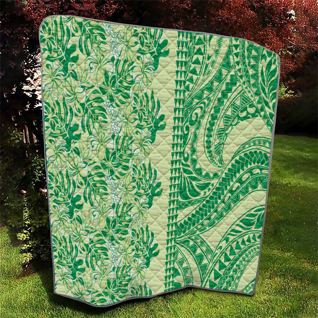 Lime Green Hibiscus Monstera Seamless Kakau Hawaii Quilt